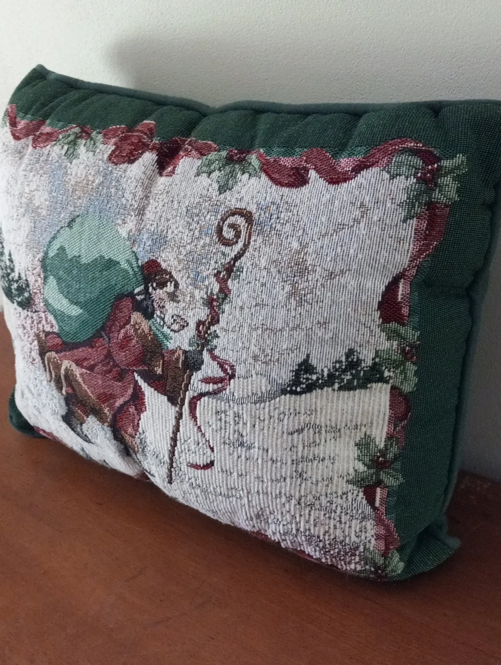 Holiday Santa Tapestry Decorative Pillow - Green and Red